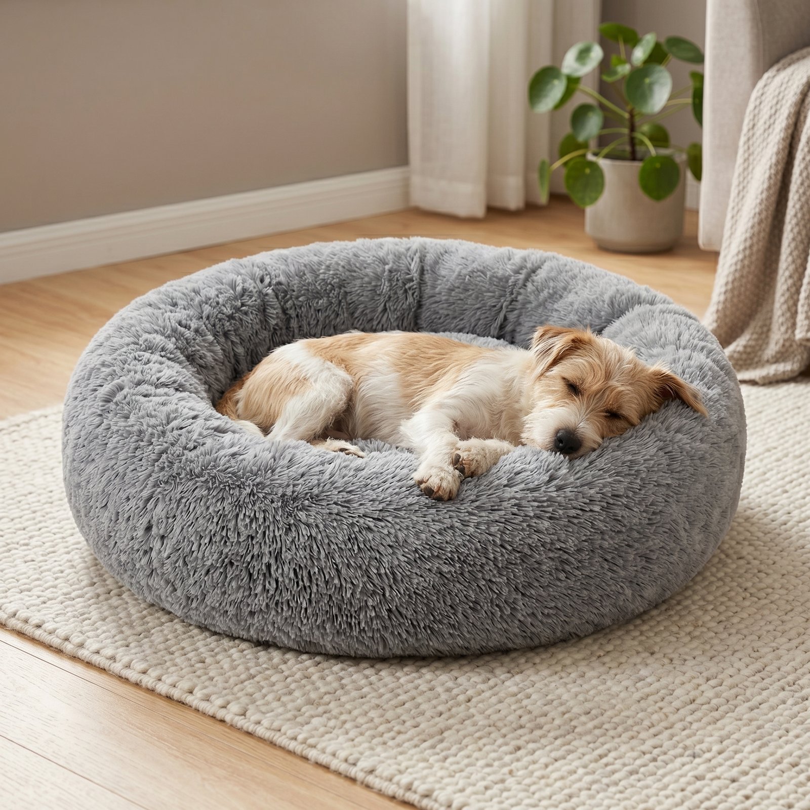 CozyNest Calming Dog Bed Anti-Anxiety Plush Round 24 Inch Grey | Aqua Star Pet - Image 4